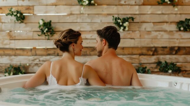 A romantic couple shares a moment of relaxation and int y in a bubbling hot tub surrounded by a rustic wooden interior adorned with plants and flowers suggesting a peaceful wellness retreat