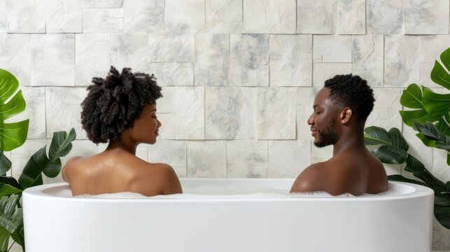 A Black couple enjoys a relaxing bubble bath together in a luxurious modern bathroom featuring textured tile walls and lush green plants promoting wellness and int y