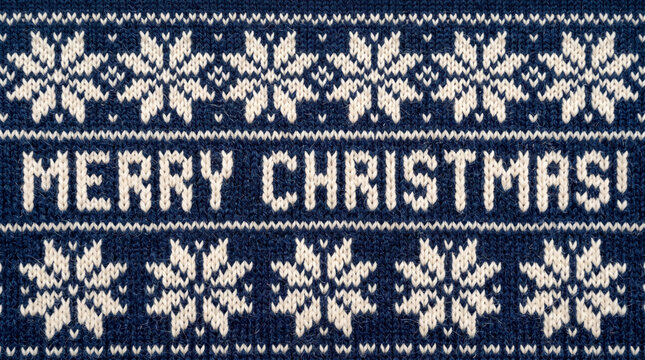 Knitted Christmas sweater texture background with snowflake pattern and Merry Christmas text