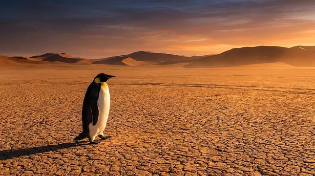 Emperor penguin walking across dry desert ground at sunset