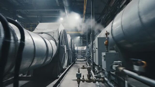 Industrial ventilation system with large metal pipes, valves, and escaping steam in a factory setting