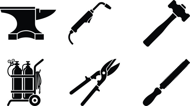 Metalworking and professional welding craft tools vector silhouettes including cast iron anvil blowtorch sledge hammer gas tanks tin snips and rasp tool