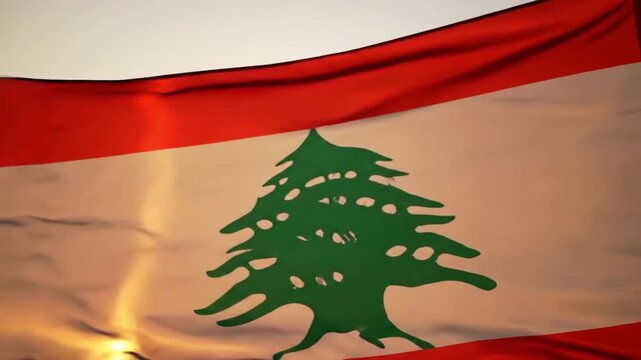 National flag of lebanon waving during a golden sunset