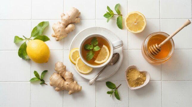 Fresh ginger tea with lemon, honey, and mint on a white tiled background