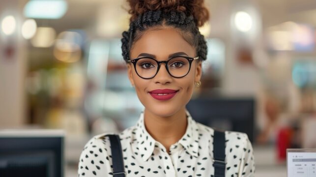 Close up portrait of a friendly and competent business professional a woman with eyeglasses and a bright smile ready to assist in a modern softly focused work setting