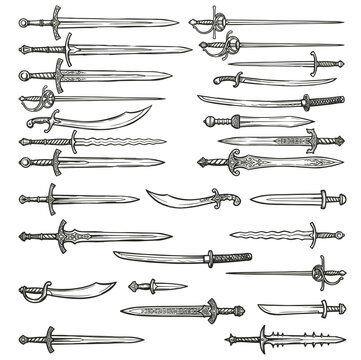 Medieval Swords, Daggers, and Blades Vector Set - Hand-Drawn Vintage Weapons Collection