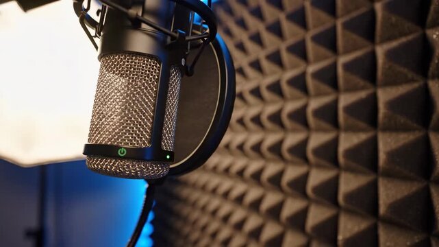 Professional condenser microphone with pop filter inside a recording studio with acoustic foam panels