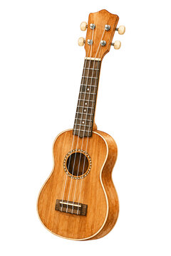 Wooden ukulele watercolor illustration on white background.