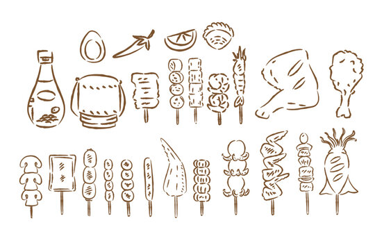 Thai street food skewer doodle outline vector set