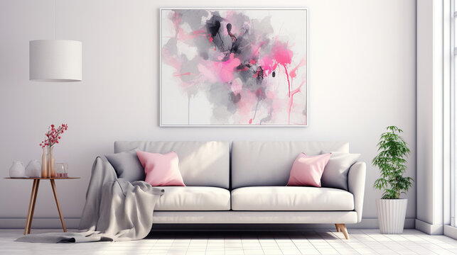 modern sofa with abstract art painting in living room. Soft pillows, lamp, and plant. Interior design.