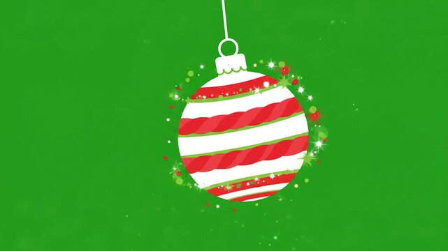 Striped red and white Christmas bauble ornament hanging and swinging against solid green background. Perfect for holiday video greeting cards and festive digital projects.