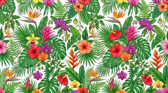 Tropical floral pattern with vibrant hibiscus and orchids in lush green foliage