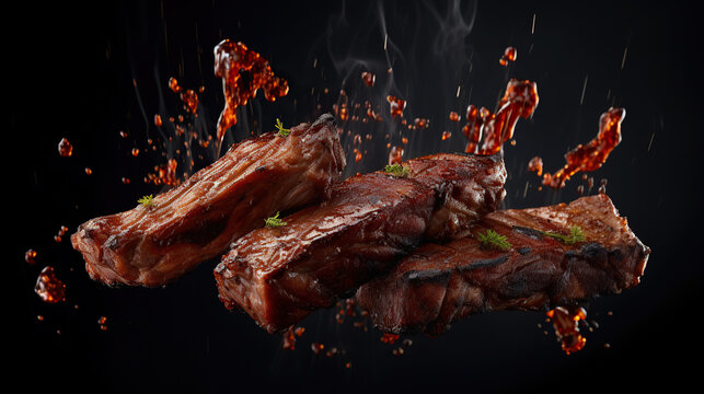 barbecue ribs with spicy sauce and smoke. Raw meat, gourmet dish. BBQ food.