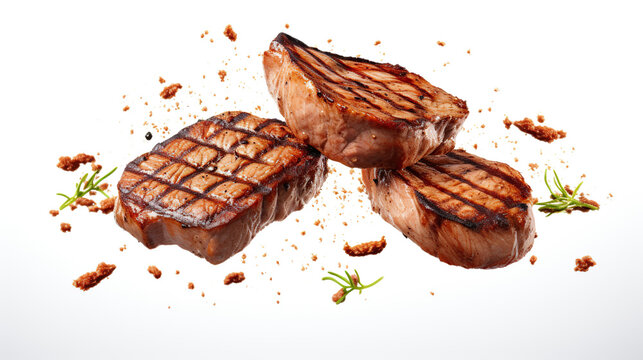 grilled beef steak food cooking. three beef steak, herb, salt and pepper seasoning on white background. Food photography