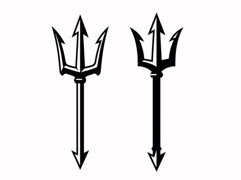 Two black silhouettes of tridents with three prongs stand against a plain white background depicting ancient weaponry trident spear weapon