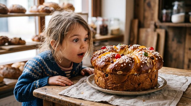 Young child with wide eyes looking at a beautifully decorated sweet bread cake in a bakery setting