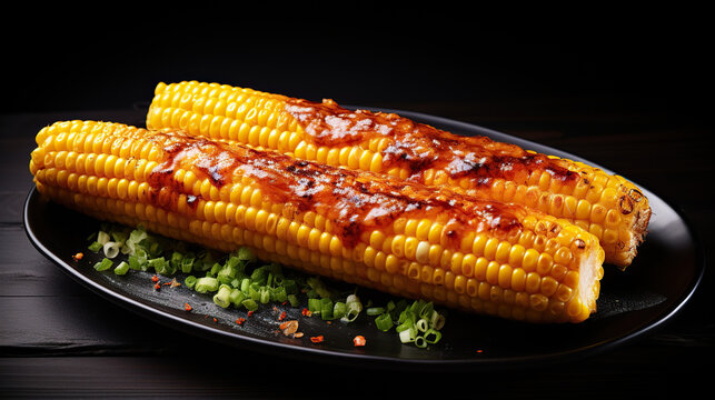two ear grilled corn with sauce on black plate.