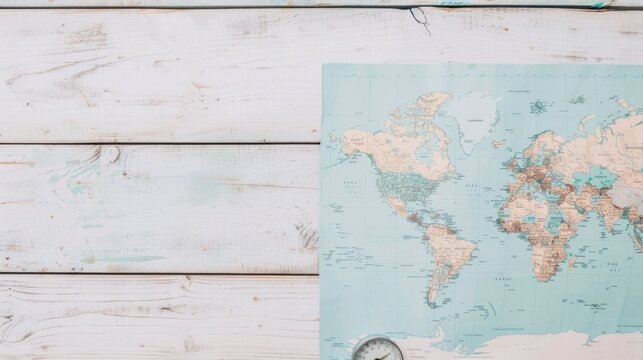 A detailed world map spread across weathered wooden planks with a navigational compass placed nearby evoking themes of global adventure and journey planning
