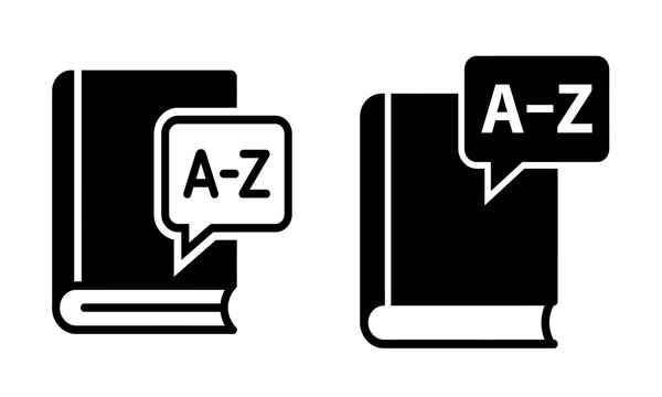Dictionary with alphabet letters displayed above a black silhouette icon on a white background lexicon glossary vocabulary terminology typography font