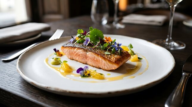 Exquisite gourmet grilled salmon fillet with crispy skin, garnished with edible flowers and citrus sauce on a elegant ceramic plate in upscale dining.