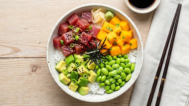 Fresh delicious tuna poke bowl with vibrant yellow mango avocado green edamame beans rice soy sauce chopsticks wooden background commercial use.