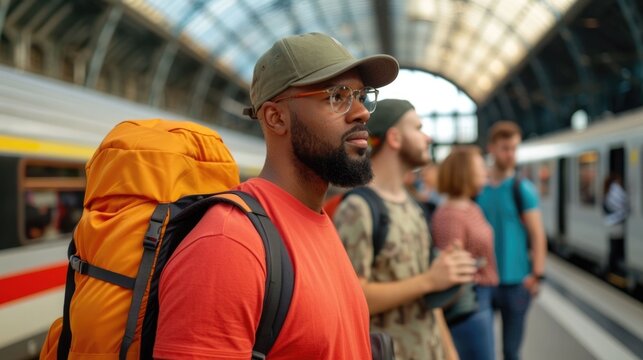 Passengers of various backgrounds with large backpacks stand together on a modern train station platform looking forward with anticipation for their departure and next travel adventure
