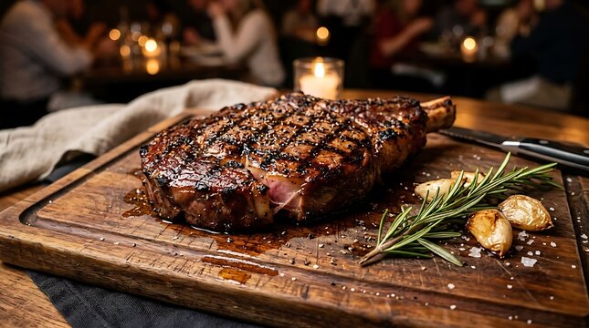 Juicy grilled bone-in ribeye steak with charred grill marks served on a rustic wooden cutting board with rosemary, roasted garlic, and warm.