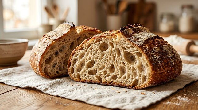 Freshly baked artisan sourdough bread sliced on wooden kitchen table with crispy golden crust airy crumb texture for bakery and food blogs.