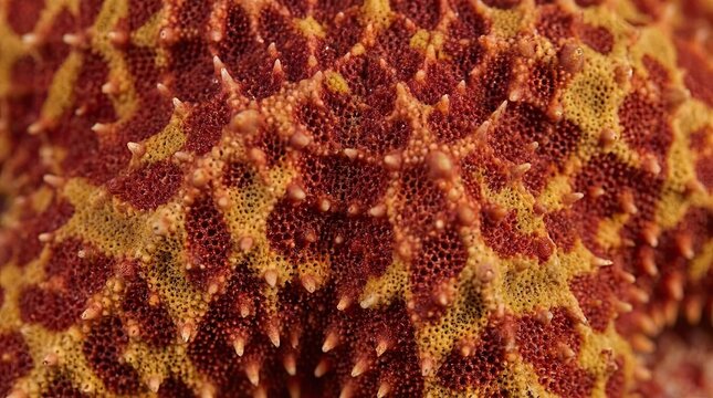 Extreme close up of red and orange spiny starfish skin