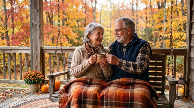 Elderly Couple Enjoying Hot Drinks on a Porch Swing Amidst Autumn Foliage
