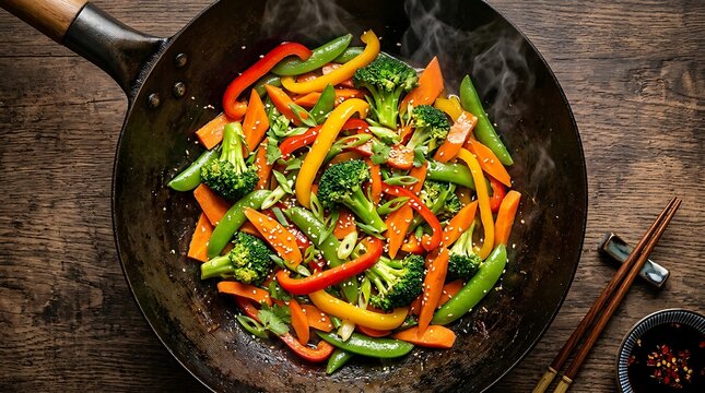 Vibrant stir fry vegetables cooking in hot black wok pan overhead view with steaming fresh broccoli peppers carrots snap peas for healthy diet meal.