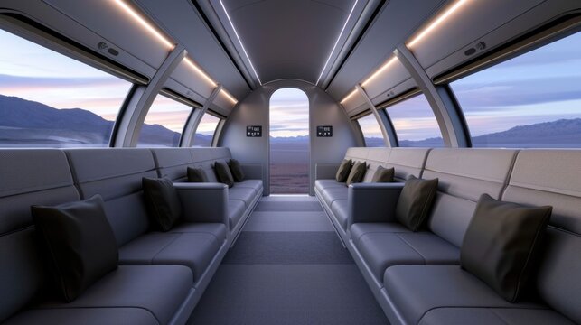 Modern sleek cabin of a high speed transport like a hyperloop featuring comfortable lounge seating and large revealing a vast desert landscape at dusk