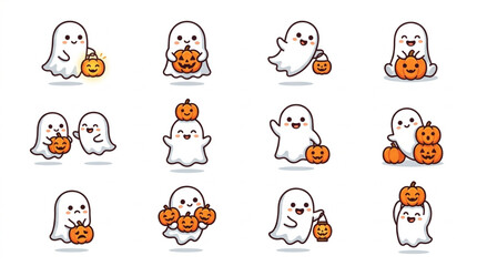 Fototapeta premium Dynamic Halloween Themed Ghost Characters Holding Colorful Mini Pumpkins in Playful Cartoon Style