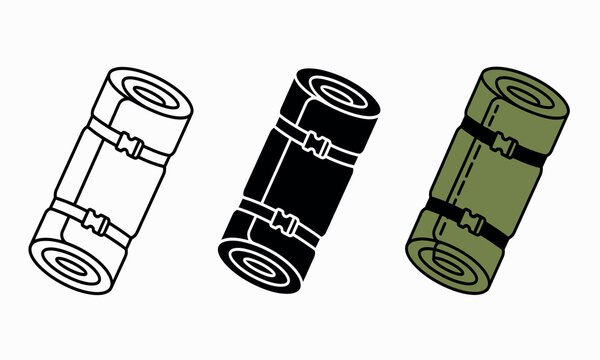 Rolled sleeping bag with straps is depicted in a vector illustration with three color variations sleepingbag bedroll camp outdoor adventure