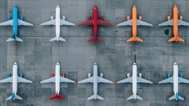 An overhead perspective captures a fleet of vibrant airplanes including blue white red and orange jets arranged in parallel lines on a grey airport tar  awaiting their next journey