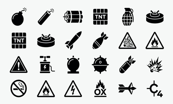 Collection of explosive ordnance and hazard warning icons presented in a flat black silhouette style explosives detonation danger grenade bomb