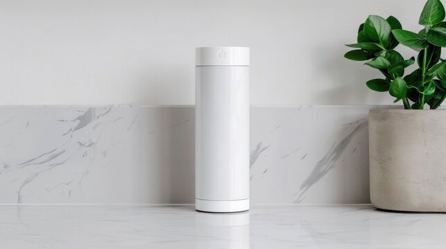 Sleek minimalist white cylindrical device possibly a technological skincare or hyd n tool displayed on a sterile marble countertop in a contemporary home interior setting