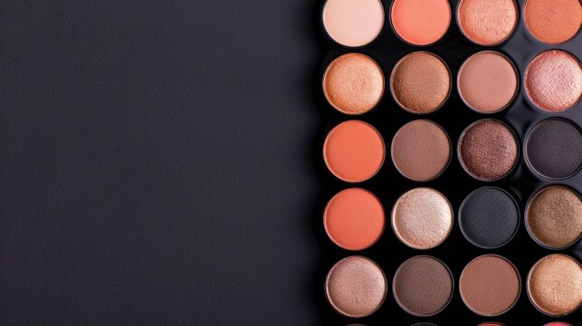 Detailed close up of a professional makeup palette with numerous round pans filled with pigmented eyeshadows in bronzes oranges and nudes highlighting shimmering and matte finishes
