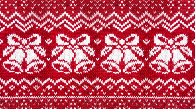 Knitted Christmas sweater texture background with traditional bell pattern and festive red and white winter wool design