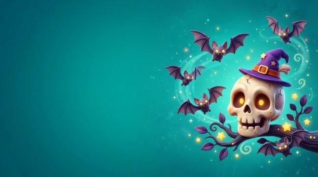 Teal Background 3D Cartoon Skull Wearing Tiny Witch Hat Right Edge Bats Flying Nearby Left Side Clear

