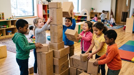 Obraz premium Diverse group of young children collaborating to build a tall tower out of cardboard boxes in a classroom