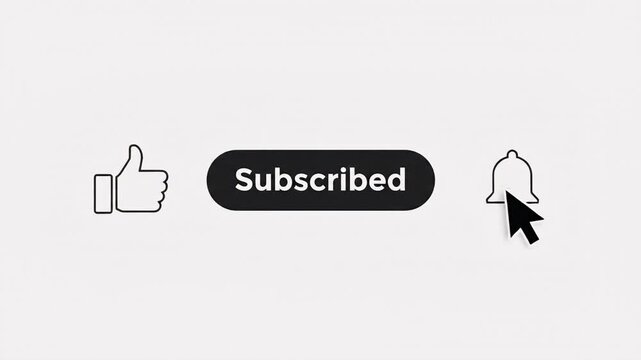 Minimalist subscription panel shows an outlined like icon, solid black subscribed button, and notification bell clicked by cursor.