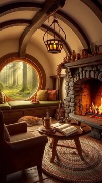 Cozy hobbit-style room with a warm fireplace, captured in a wide-angle video shot.