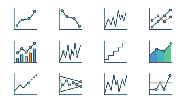 Dynamic Visual Guide to Diverse Line Bar and Area Chart Trends with Blue Green and Gray Data Points