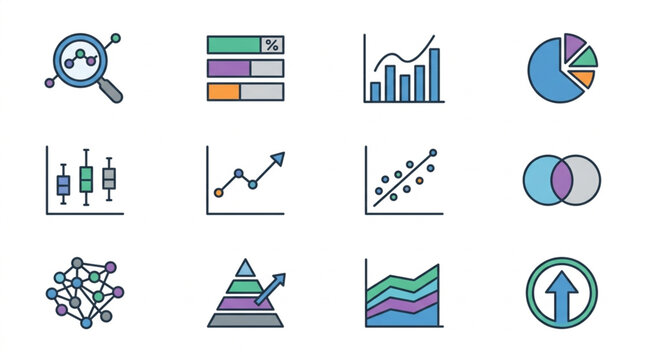 Elegant Collection of Minimalist Data Visualization Icons Showcasing Analytics Charts and Network Diagrams in Soft Pastel and Blue Tones