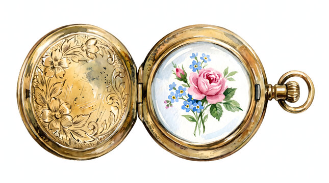 Watercolor illustration of an open vintage gold locket with a painted pink rose bouquet