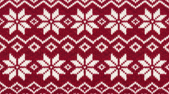 Knitted Christmas sweater background, festive Nordic pattern with snowflakes and red wool texture