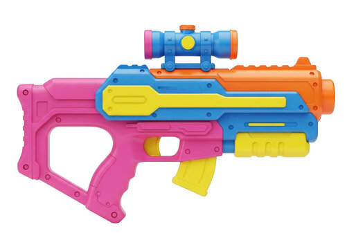 Colorful plastic toy blaster gun with a scope for kids play isolated on transparent background