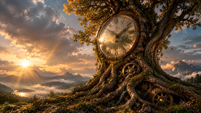 Ancient Clock Embedded in a Tree Overlooking a Mountain Landscape at Sunset