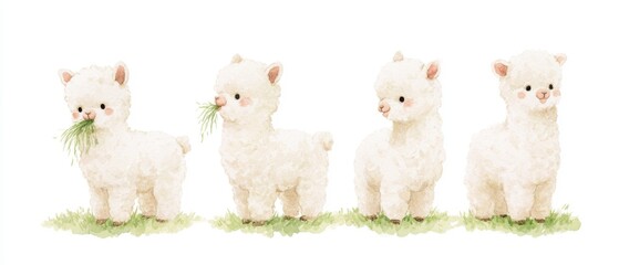 Fototapeta premium Cute watercolor illustration of a fluffy alpaca standing and eating hay, four different poses in a horizontal row, character sheet, isolated on a white background, soft colors, children's book
